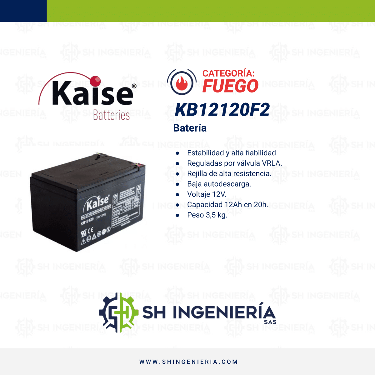 KB12120F2 Batería Kaise tipo AGM: 12V 12Ah con conector F2 - Imagen 3